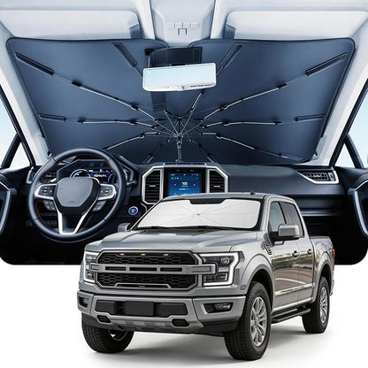 DMJN Umbrella Windshield Sun Shade for Ford F150 F250 F350 F450 (2015-2026), Car Sunshade for Front Windshield [Nano Ice-Crystal Coatings] UPF50+ Heat & UV Block, Protect Interior & Keep Cooler