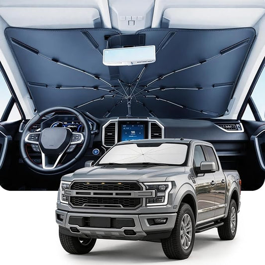 DMJN Umbrella Windshield Sun Shade for Ford F150 F250 F350 F450 (2015-2026), Car Sunshade for Front Windshield [Nano Ice-Crystal Coatings] UPF50+ Heat & UV Block, Protect Interior & Keep Cooler