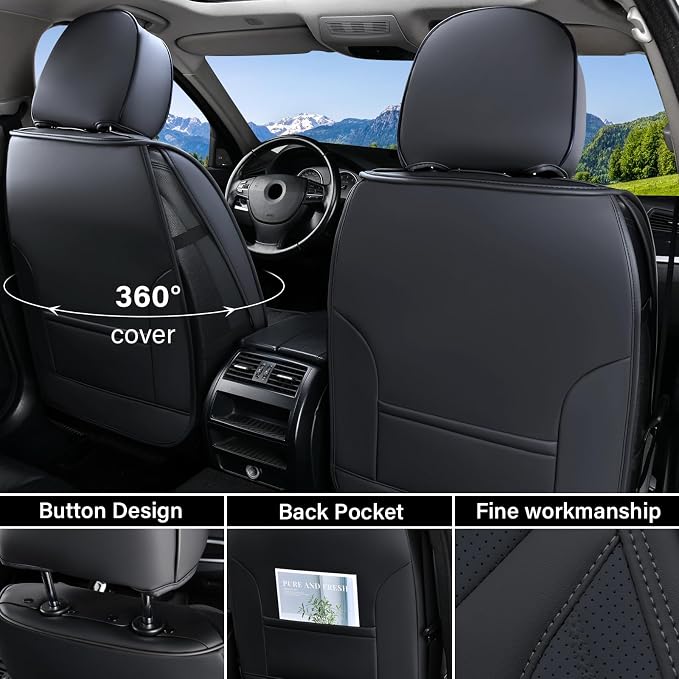 Coverado Leather Seat Covers for Cars, Car Seat Covers Full Set, Breathable Car Seat Protector with Lumbar Support, Black Seat Covers, Front and Back Waterproof Seat Cover Universal Fit for Most Cars