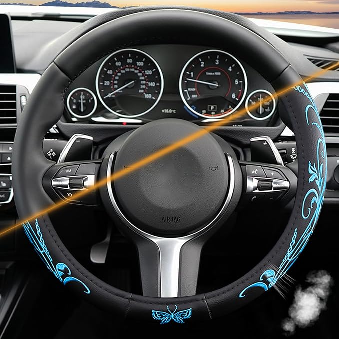Blue Embroidery Butterfly Car Steering Wheel Cover,14.5-15 Inch Universal Leather Covers Breathable Anti-Slip Odorless Steering Wheels Accessories for Men Women