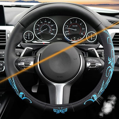 Blue Embroidery Butterfly Car Steering Wheel Cover,14.5-15 Inch Universal Leather Covers Breathable Anti-Slip Odorless Steering Wheels Accessories for Men Women