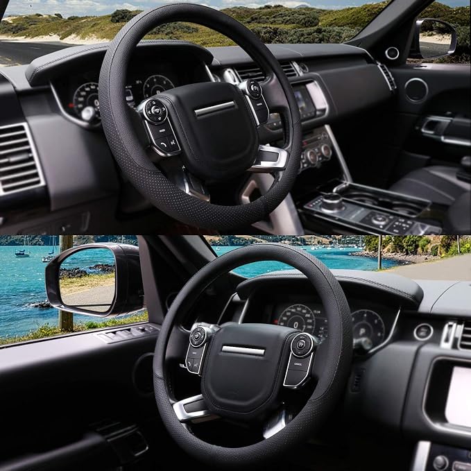 COFIT Breathable Car Steering Wheel Cover 16 inch Auto Universal Leather Wrap Non-Slip Steeringwheel Protector Automotive Interior Accessories, Black (Suit for 15 1/2-16 inch)
