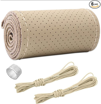 Ziciner Genuine Leather Steering Wheel Cover, Stitch on Wrap, Breathable Anti-Slip Car Steering Wheel Protector for Max Diameter 15 Inch, DIY Sewing with Needles Thread (Beige, Hole)