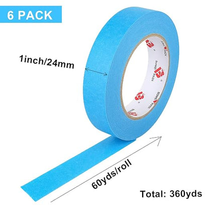 BOMEI PACK Blue Painters Tape 1 Inch Bulk - Paint Tape 6 Rolls x 1 Inch x 60 Yards - Painter's Tape Sky Blue Masking Tape for Walls Painting, DIY Crafting and School Projects, Total 360 Yards
