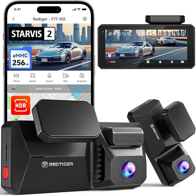 REDTIGER Dual 4K Dash Cam with 256GB eMMC, STARVIS 2 IMX678 Front and Rear Dash Camera with Dual HDR, Voice Control, 4'' Touch Screen, Built-in 5.8GHz WiFi GPS, HDR Night Vision (F77 V2)