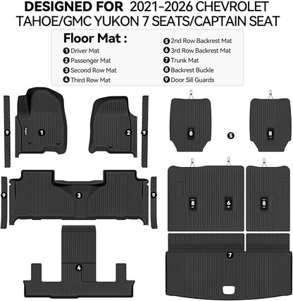 Floor Mats for 2021-2026 Chevy Tahoe/GMC Yukon/Cadillac Escalade 7 Seats/Captain Seat(Not for Escalade ESV/Yukon XL), Trunk Mat & Backrest Mat & Door Sill Guard All Weather TPE Accessories