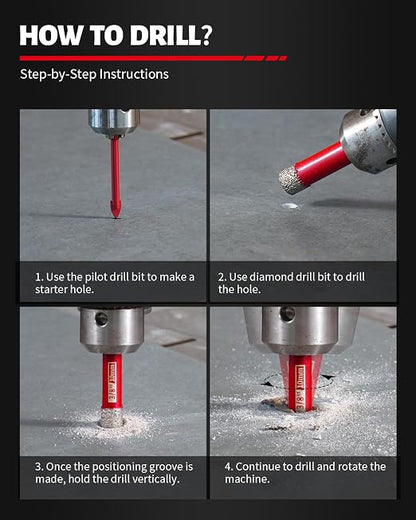 DAYDOOR Dry Diamond Drill Bits Set, 1/4" 5/16" 3/8" 1/2" Diamond Hole Saw Kit for Porcelain Tile Ceramic Glass Marble Granite, Tile Drill Bits with Cooling Wax, Round Shank (10-Piece)