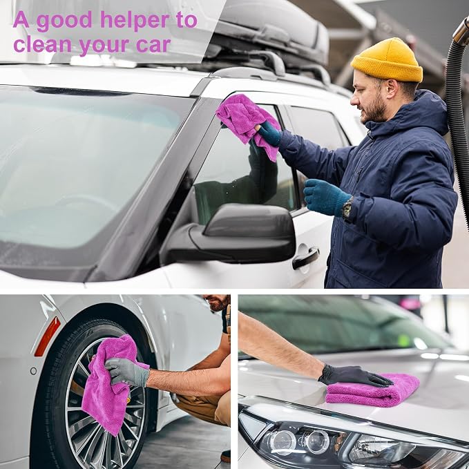 Shimeyao 30 Pcs Edgeless Microfiber Plush Towels for Cars Detailing Drying Wash Polishing Absorbent Cleaning Cloths, 500 GSM (16 x 16 Inch,Purple)