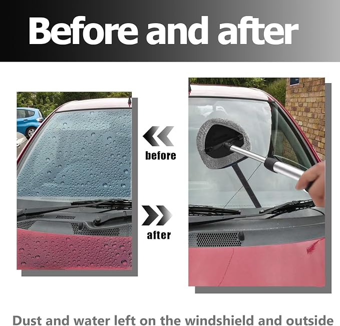 Car Windshield Cleaning Tools, Expandable Car Window Cleaner kit with 4 Reusable Microfiber Pads, Windshield Cleaning Wand Tool, Auto Interior Dust Brush, for Trucks, SUVs, RVs etc