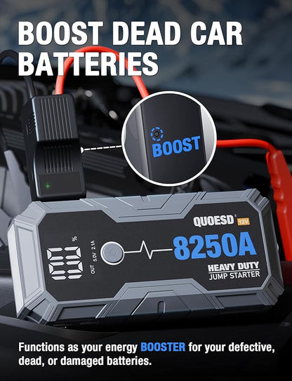 8250A Jump Starter Battery Jump Starter Battery Pack (for All Gas or 10.0+L Diesel), 12V Potable Heavy Duty Car Jump Start with 60W Power Bank 24-Months Stand-by Time
