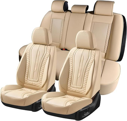 Coverado Car Seat Covers Full Set, Leather Seat Coversfor Cars, Front and Back Seat Covers, Waterproof Car Seat Protectors Car Seat Cushions Universal for Most Vehicles, Beige