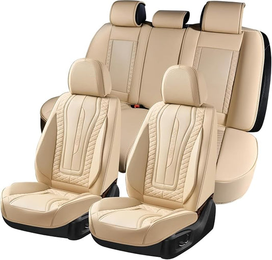 Coverado 9912 Car Seat Covers Full Set, Front Seat Cover and Back Seat Covers for Cars, Faux Leather Waterproof Seat Covers, Car Seat Covers Universal for Most Vehicles (Beige, FullSet)
