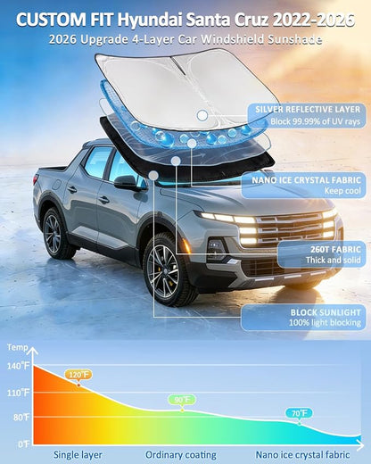Windshield Sunshade for Hyundai Santa Cruz 2022-2026 Sun Shade Car Windshield Accessories Upgrade 4 Layers Blocks UV Rays Custom Fit Santa Cruz 240T Car Window Shades Front Windshield Keep Cool