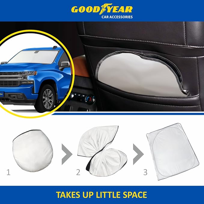 Goodyear Foldable Windshield Sunshade for Chevrolet (Chevy) Silverado 1500 2019-2026, Truck car Accessories, Sunshade Cover, Sun Shade Car Windshield, Window Sun Blocker - GY008220