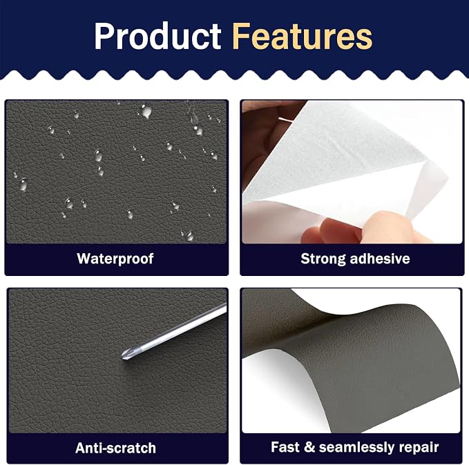 Zenyao Leather Repair Patch Tape - Self Adhesive Leather Repair Kit for Car Seat Furniture, Heavy Duty Vinyl Repair Patch for Couch Sofa, Waterproof Fix for Tears, 12x30 Inch Roll, Dark Grey