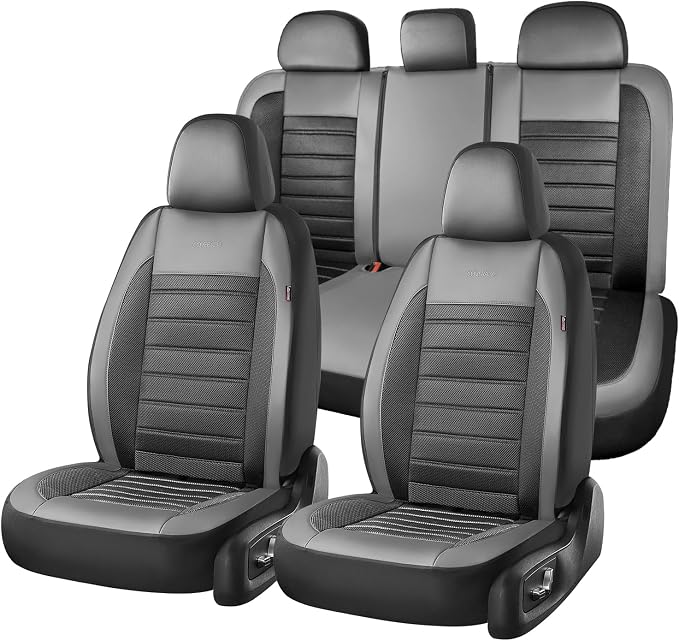 Coverado Car Seat Covers Full Set, Luxury Leather Car Seat Protector, Automotive Front and Rear Mesh Seat Covers, Full Set 5 Seats, Black Gray Seat Cushion for SUV Sedan Truck