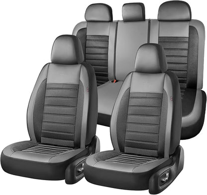 Coverado Car Seat Covers Full Set, Luxury Leather Car Seat Protector, Automotive Front and Rear Mesh Seat Covers, Full Set 5 Seats, Black Gray Seat Cushion for SUV Sedan Truck