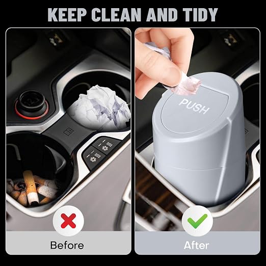 Car Trash Can Bin with Lid - Car Garbage Can Cup Holder - Grey Mini Leakproof Vehicle Garbage Bin with 20pcs Trash Bags-Automotive Organizers and Storage for Front Back Seat Accessories