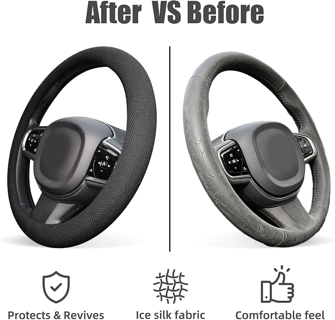 Universal Black Steering Wheel Cover, Microfiber Ice Silk Non-Slip Breathable Cooling Steering Wheel Protector with Upgraded Silicone Inner Ring Warm in Winter Cool in Summer