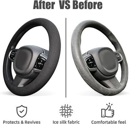 Universal Black Steering Wheel Cover, Microfiber Ice Silk Non-Slip Breathable Cooling Steering Wheel Protector with Upgraded Silicone Inner Ring Warm in Winter Cool in Summer