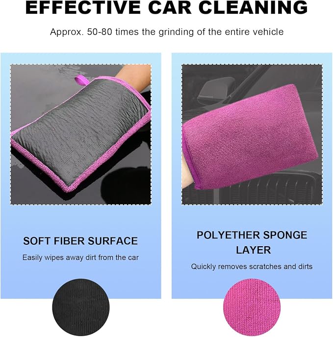 2 PCS Clay Mitt, Fine Grade Microfiber Claying Bar Glove Car Detailing Towels, Scratch-Free Cleaning & Polishing Clay Eraser Mitts for Vehicle Surface, Car Accessories (Purple)