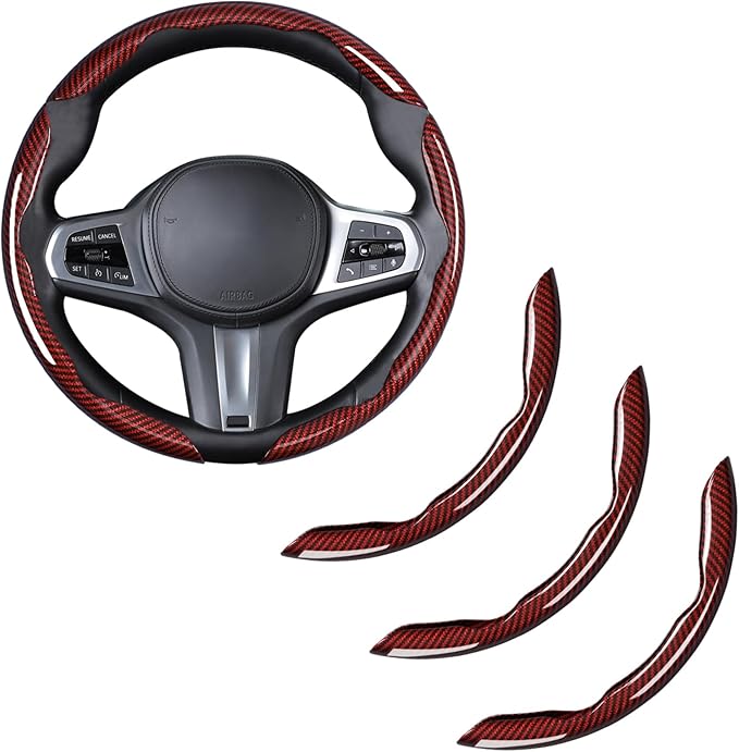 Carbon Fiber Steering Wheel Cover, Snap on Car Steering Wheel Cover Set Accessories 3pcs Wrap Grip Non Slip Protector Universal Glossy Red