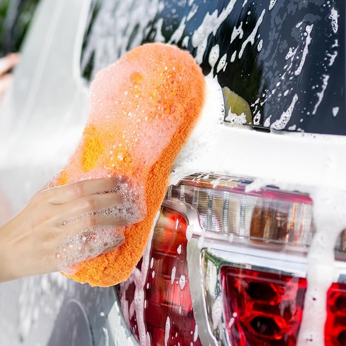 Tanlade 2 Pcs Large Car Wash Sponge for Cleaning, The Microfiber Sponges for Car Washing Supplies, Trucks and Motorcycles (Orange,Yellow)