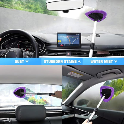 Windshield Cleaning Tool, Car Window Cleaner with Extendable Long Handle and 4 Washable Reusable Microfiber Pads, Auto Interior Exterior Glass Wiper Cleaning Kit Universal for Office and Home (Pueple)