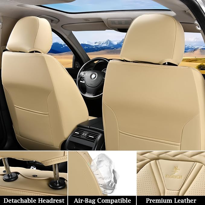 FLORICH Leather Seat Covers, Seat Covers Full Set, Car Seat Protectors 5 Seats, Automotive Seat Covers Fit for Most Cars Trucks-Beige