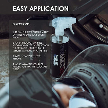 WASH&WHIPS Daytona Tire Coating - for a Glossy Wet & Shine Finish, Protection Formula, Easy to use for Car Detailing, Restores Trim & Wheels, Coats up to 64 Tires, 16 fl oz