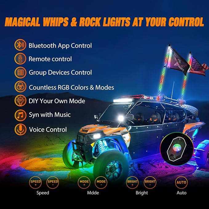Nilight 2PCS 3FT RGB LED Whip Light and 8 PCS Rock Lights Combo, Remote & App Control w/DIY Chasing Patterns Stop Turn Reverse Safety Antenna Lighted Whips for ATV UTV