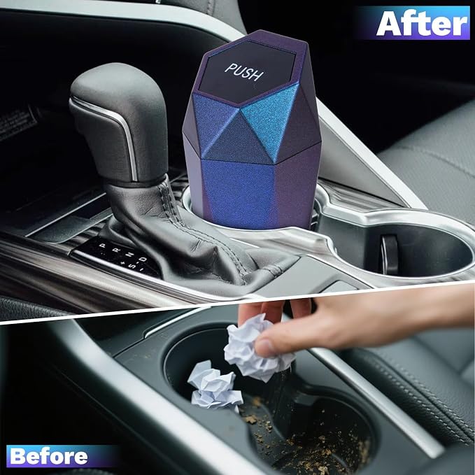 BFXM Car Trash Can, Car Trash Bin with Lid, Car Accessories for Women Interior, Car Garbage Can with Additional 2 ABS Hooks and 60pcs Trash Bags, Suitable for Home, Office, Car Organizer, Blue Purple