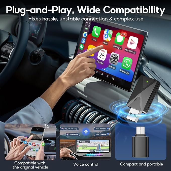Wireless CarPlay Adapter Convert Factory Wired CarPlay to Wireless, Zero Latency, Mini Plug & Play Design with Stable Connection USB-A/Type-C for iOS 10+ & 2016+ Cars, Black