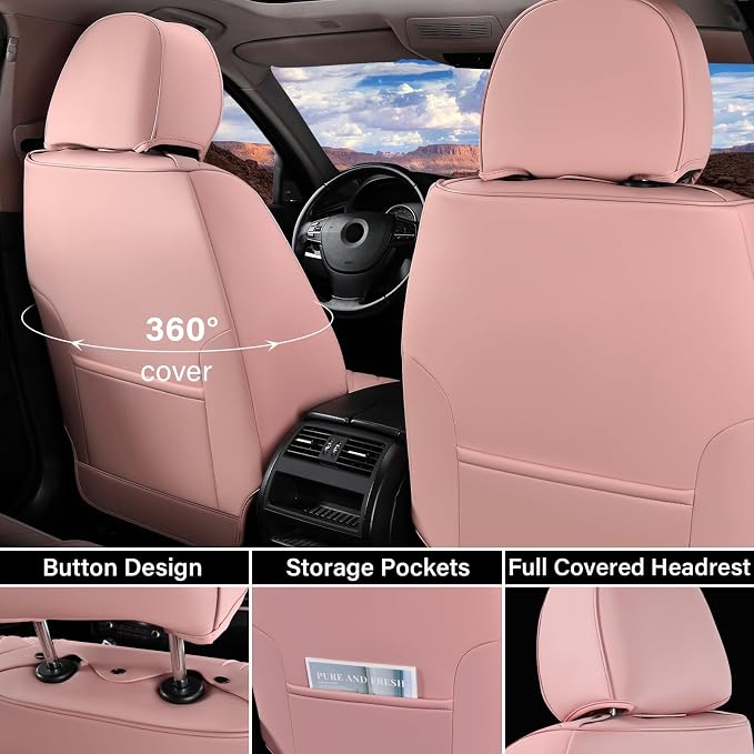 Coverado Car Seat Covers Front, Seat Covers for Cars, Waterproof 2-Pack Car Seat Cushions, Leather Carseat Seat Protectors, Universal Seat Covers Fit for Most Sedans SUV Pick-up Trucks(Pink&Grey)