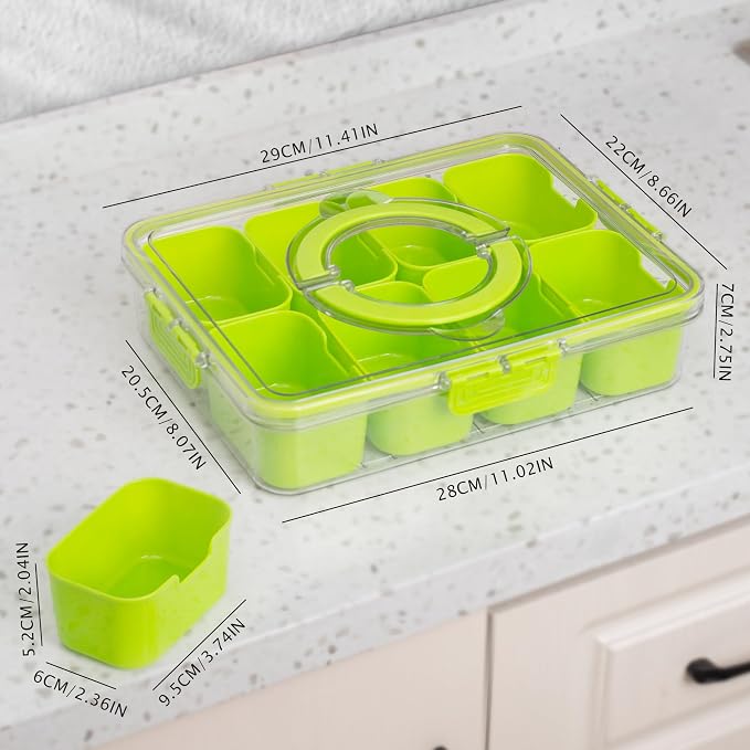 WACOI Divided Snack Serving Tray with Lid and Handle Travel Snackle Charcuterie Container Portable Storage Organizer for Candy, Fruits, Nuts, Snacks, Party, Picnic (1pack, Green)