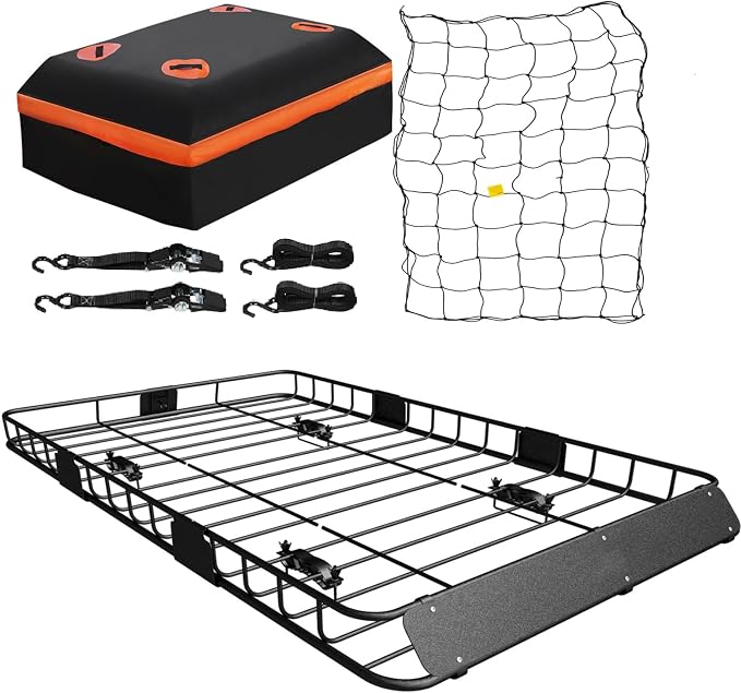 WEIZE Roof Rack Carrier Basket Universal Rooftop 54" x 34" x 6" + Waterproof Bag, Cargo Net with Attachment Hooks, Ratchet Straps for SUV, Truck
