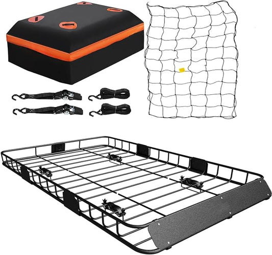 WEIZE Roof Rack Carrier Basket Universal Rooftop 54" x 34" x 6" + Waterproof Bag, Cargo Net with Attachment Hooks, Ratchet Straps for SUV, Truck