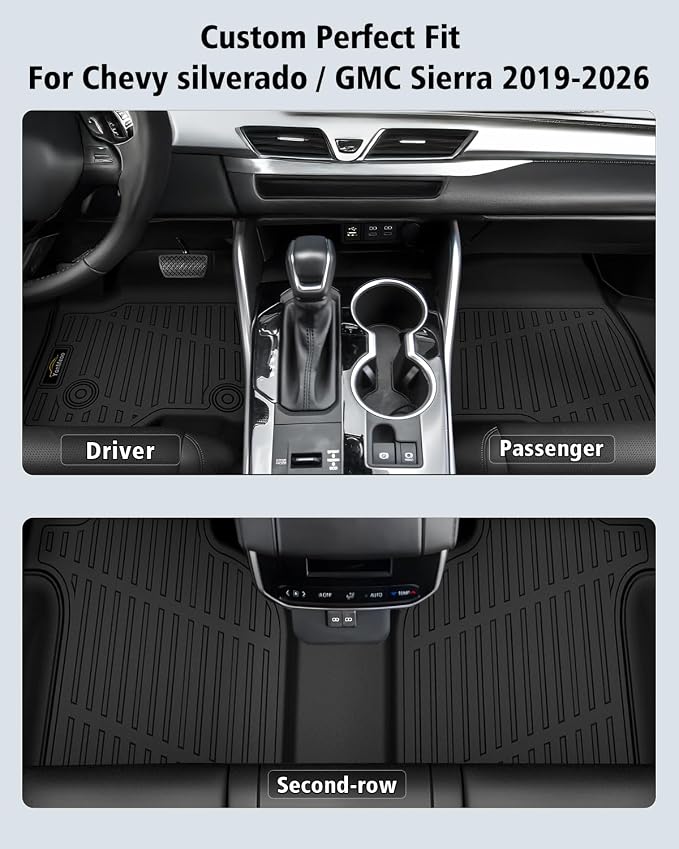 Floor Mats 2019-2025 2026 for Chevy Silverado/GMC Sierra 1500, 2020-2026 2500HD/3500HD (Crew Cab Only, Fit with Rear Under-Seat Storage All Weather TPE Floor Liner (Not 2nd Row Plastic Storage/NO EV)