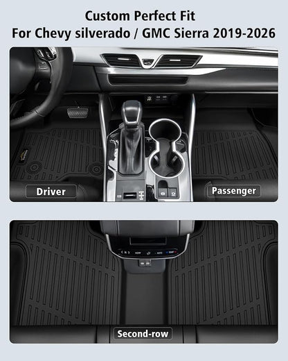 Floor Mats 2019-2025 2026 for Chevy Silverado/GMC Sierra 1500, 2020-2026 2500HD/3500HD (Crew Cab Only, Fit with Rear Under-Seat Storage All Weather TPE Floor Liner (Not 2nd Row Plastic Storage/NO EV)