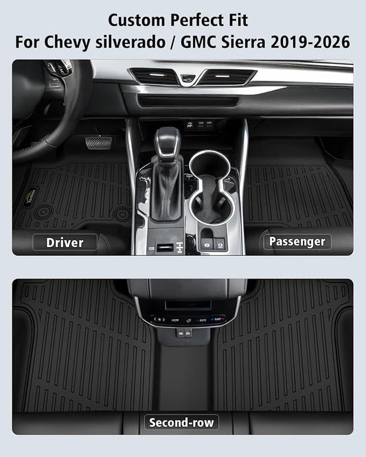 Floor Mats 2019-2025 2026 for Chevy Silverado/GMC Sierra 1500, 2020-2026 2500HD/3500HD (Crew Cab Only, Fit with Rear Under-Seat Storage All Weather TPE Floor Liner (Not 2nd Row Plastic Storage/NO EV)