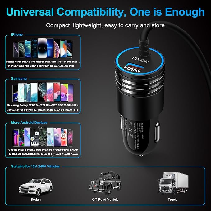 60W Super Fast Charging Android Car Charger Type C Rapid Samsung Car Charger with 3ft Built-in USB C Cable for Samsung Galaxy S26 S25 Edge S24 Ultra S23 S22 S21 A57 A17 A56 A36 A16 A35 A15 A54 A14 A53