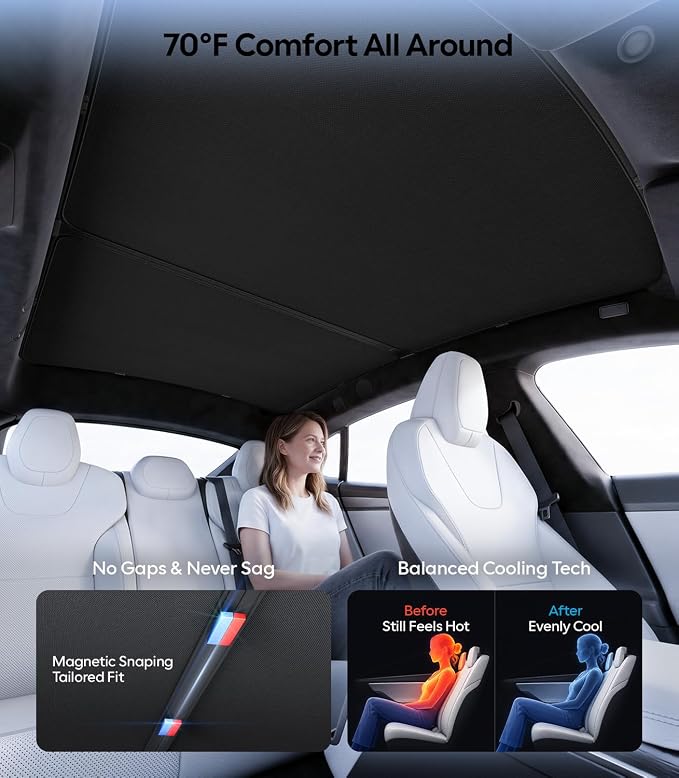 Wigoo Tesla Model S Sunshade Roof [Never Sag, Nano Ice-Crystal Coatings] 3-Gen Heat Insulation Glass Roof Sun Shade, Accessories for Tesla Model S 2020~2026, Tesla Interior Black