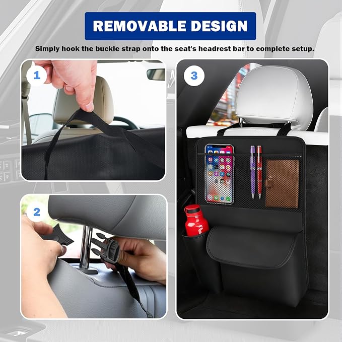 Leather Car Trunk Organizer,Large Capacity Backseat Car Organizer with 2 Mesh Pockets & Cup Holder,Detachable Hanging Cars Organizers and Storage for Family Road Trips