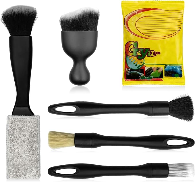 Car Detailing Cleaning Kit, 6PCS Auto Interior Cleaning Tools with Boars Hair Detail Brushes, Cleaning Gel, Double-Head Vent Brush for Car Truck SUV Interior Care