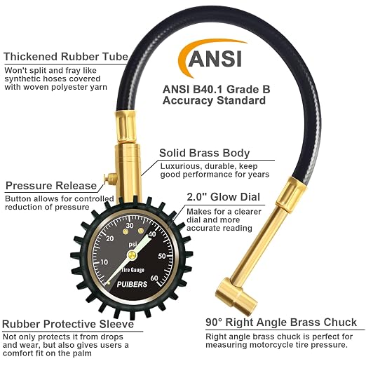 Motorcycle Tire Pressure Gauge 60 PSI, PUIBERS 2’’ dial Mechanical Tire Gauges with 90 Degree Right Angle Chuck Flexible Hose, Tires Guages for Pressure Glow in The Dark for Cars, Motos, Bicycles