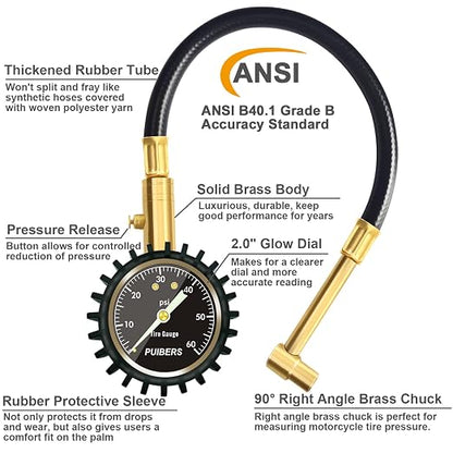 Motorcycle Tire Pressure Gauge 60 PSI, PUIBERS 2’’ dial Mechanical Tire Gauges with 90 Degree Right Angle Chuck Flexible Hose, Tires Guages for Pressure Glow in The Dark for Cars, Motos, Bicycles