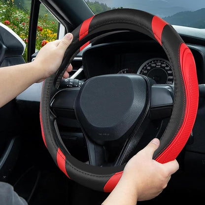 Concave Convex Massage Black Red Microfiber Leather Steering Wheel Cover, 14.5-15 Inch Non-Slip Breathable Microfiber Car Steering Wheel Protector