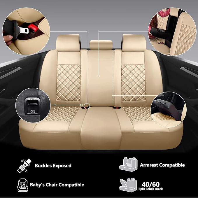 Full Coverage Leather Car Seat Covers Full Set,Waterproof Seat Covers for Cars,SUVs Trucks, Car Seat Cushion,Car Seat Protector with 5 Seats (Beige, Full Set(Front and Rear-5 Seats))