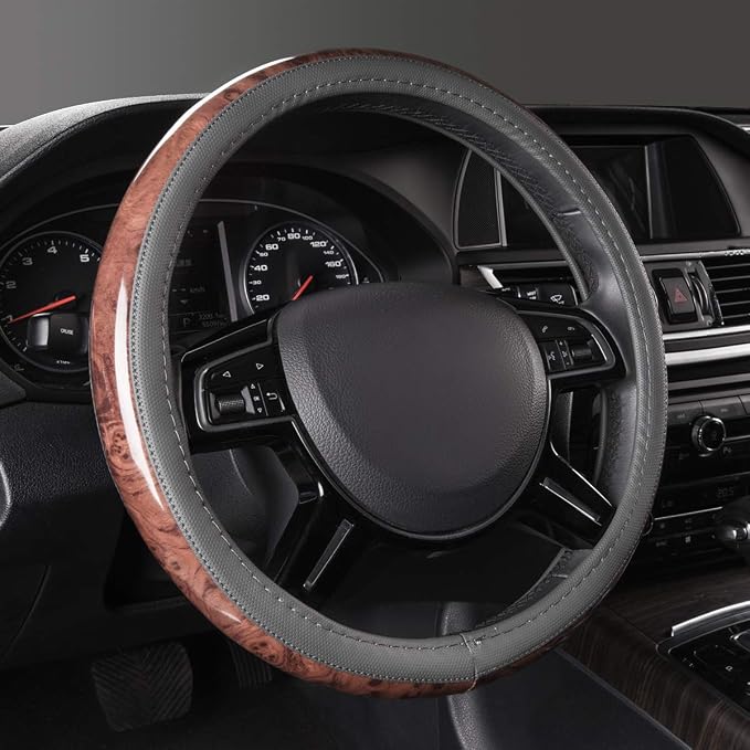 CAR PASS Wood Grain Microfiber Leather Steering Wheel Cover, Universal Fit for 14 1/2-15 inch Gray Steering Wheel, Anti-Slip Veins Design,Cars, Suvs,Minivans, Sedans (Gray)