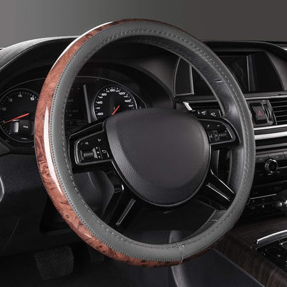 CAR PASS Wood Grain Microfiber Leather Steering Wheel Cover, Universal Fit for 14 1/2-15 inch Gray Steering Wheel, Anti-Slip Veins Design,Cars, Suvs,Minivans, Sedans (Gray)